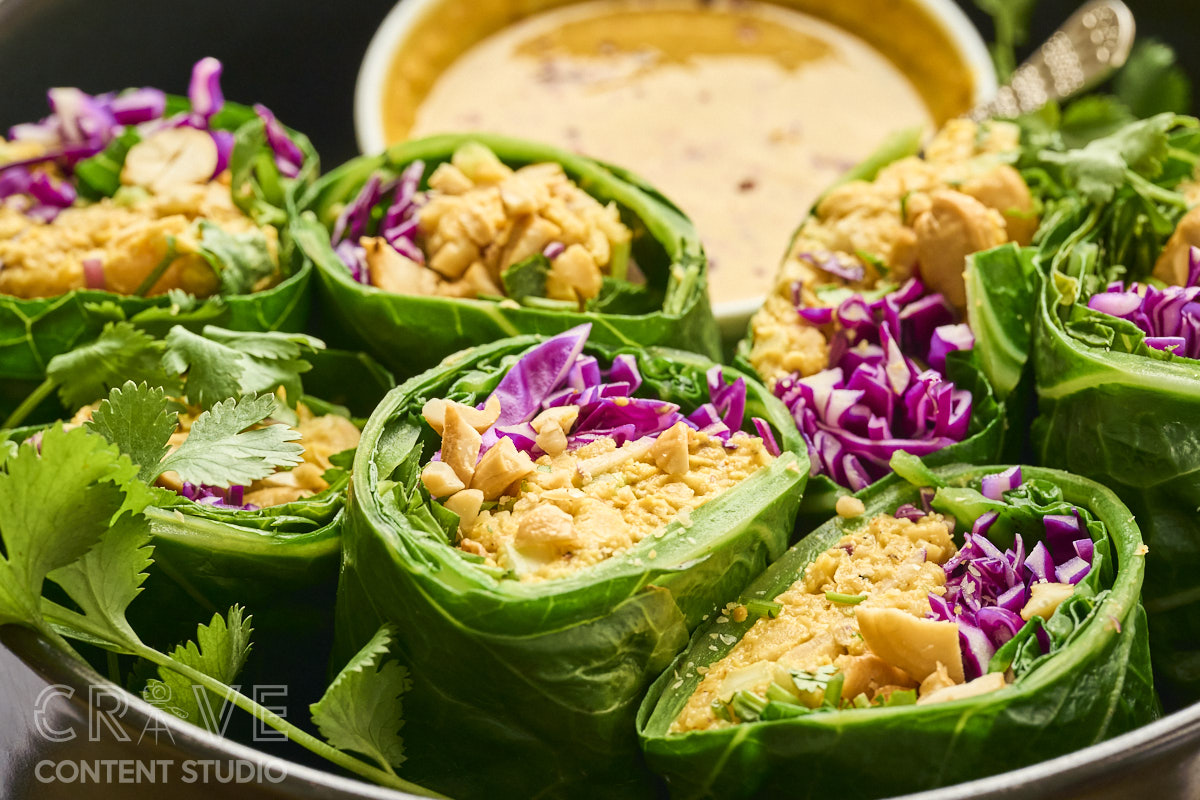 Curry-Cashew Smashed Chickpea Collard Wraps