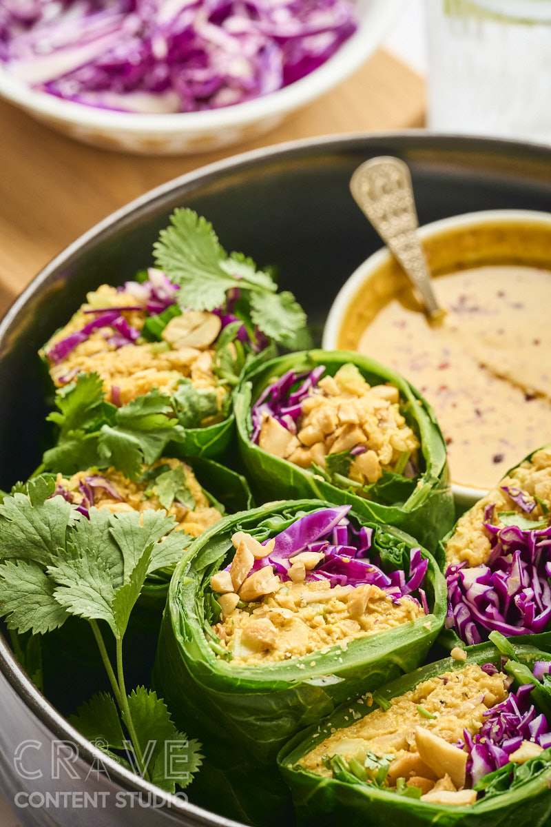 Curry-Cashew Smashed Chickpea Collard Wraps