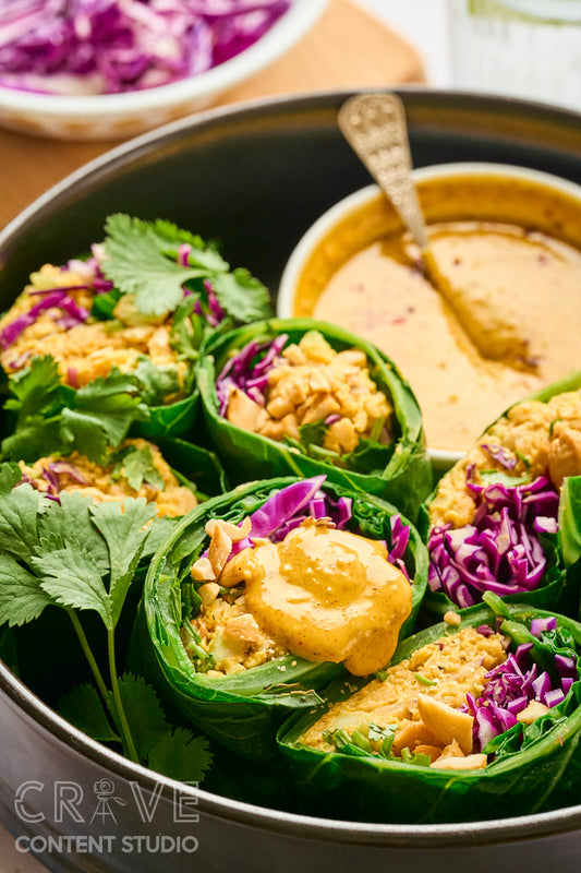 Curry-Cashew Smashed Chickpea Collard Wraps