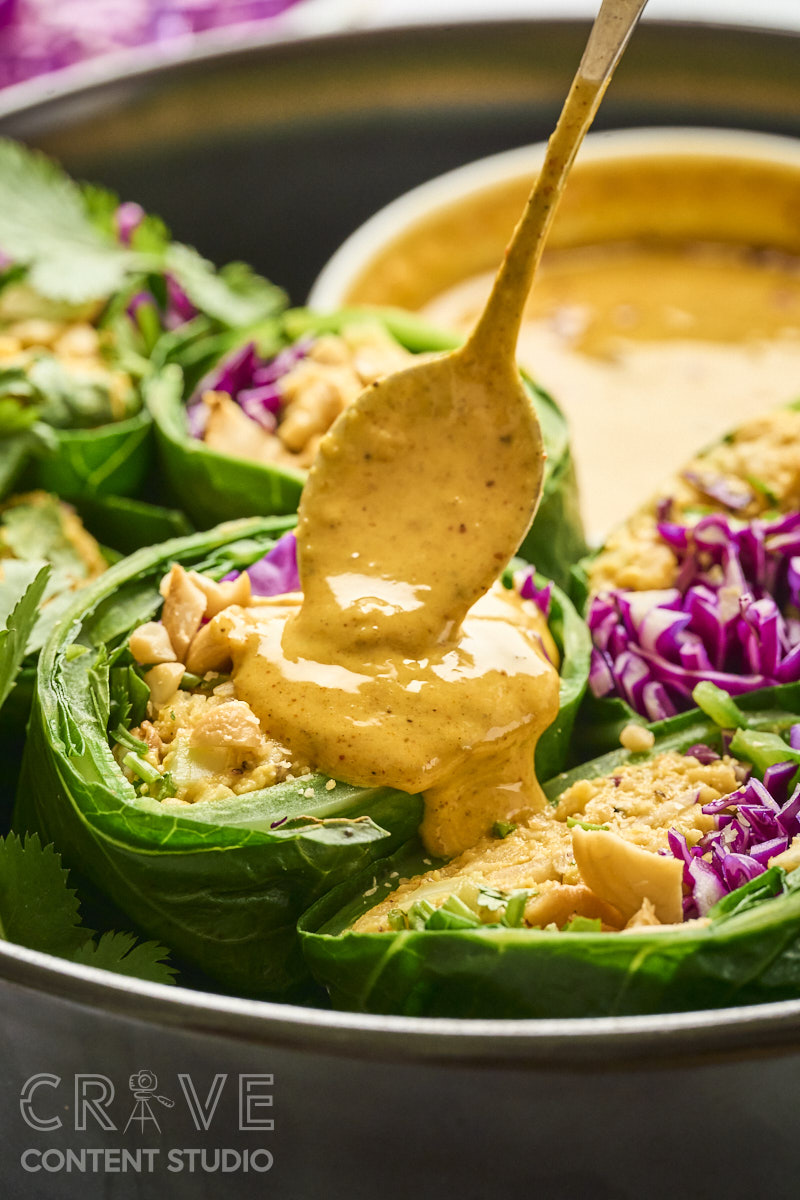 Curry-Cashew Smashed Chickpea Collard Wraps