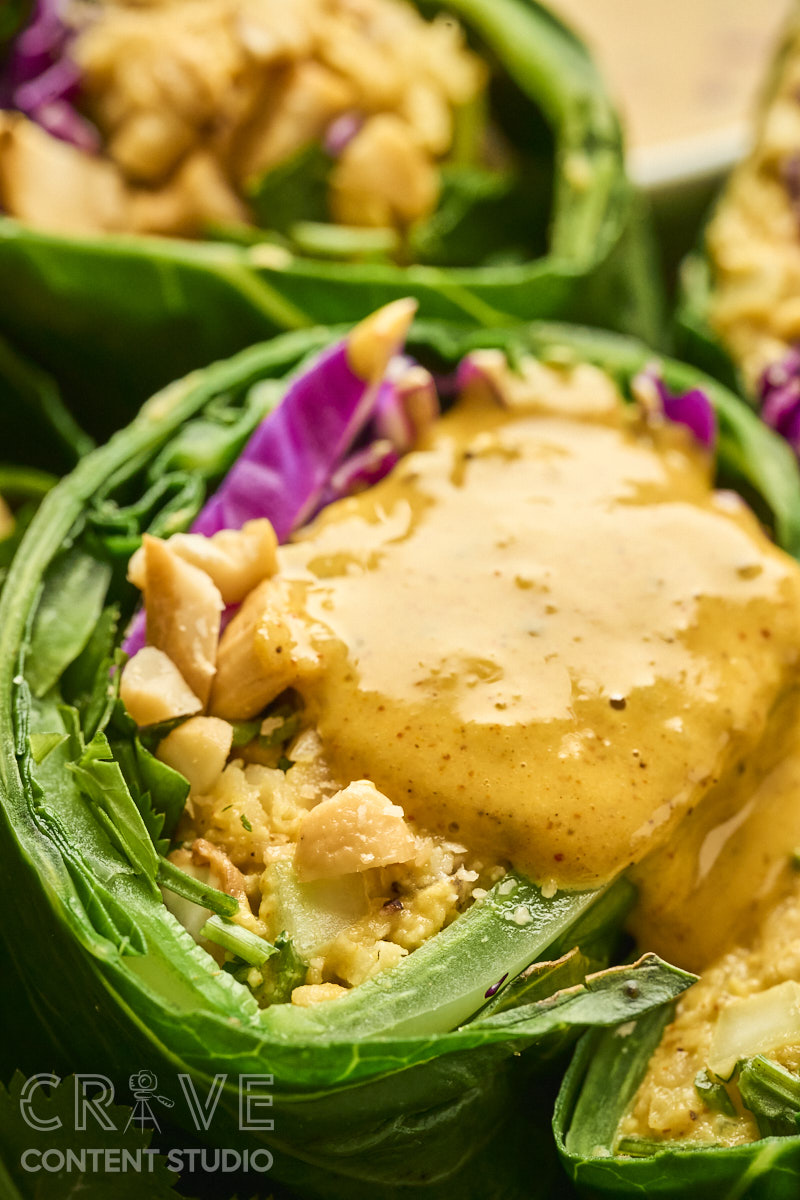 Curry-Cashew Smashed Chickpea Collard Wraps