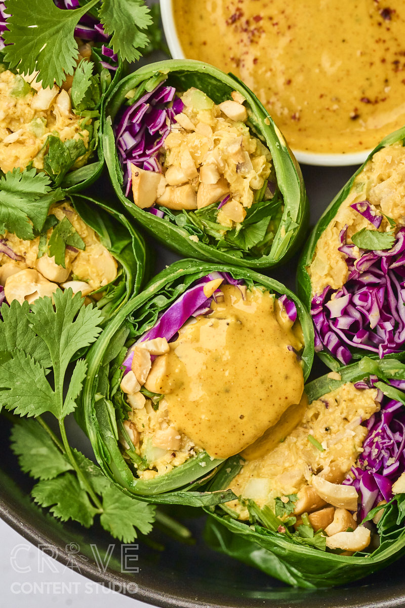 Curry-Cashew Smashed Chickpea Collard Wraps