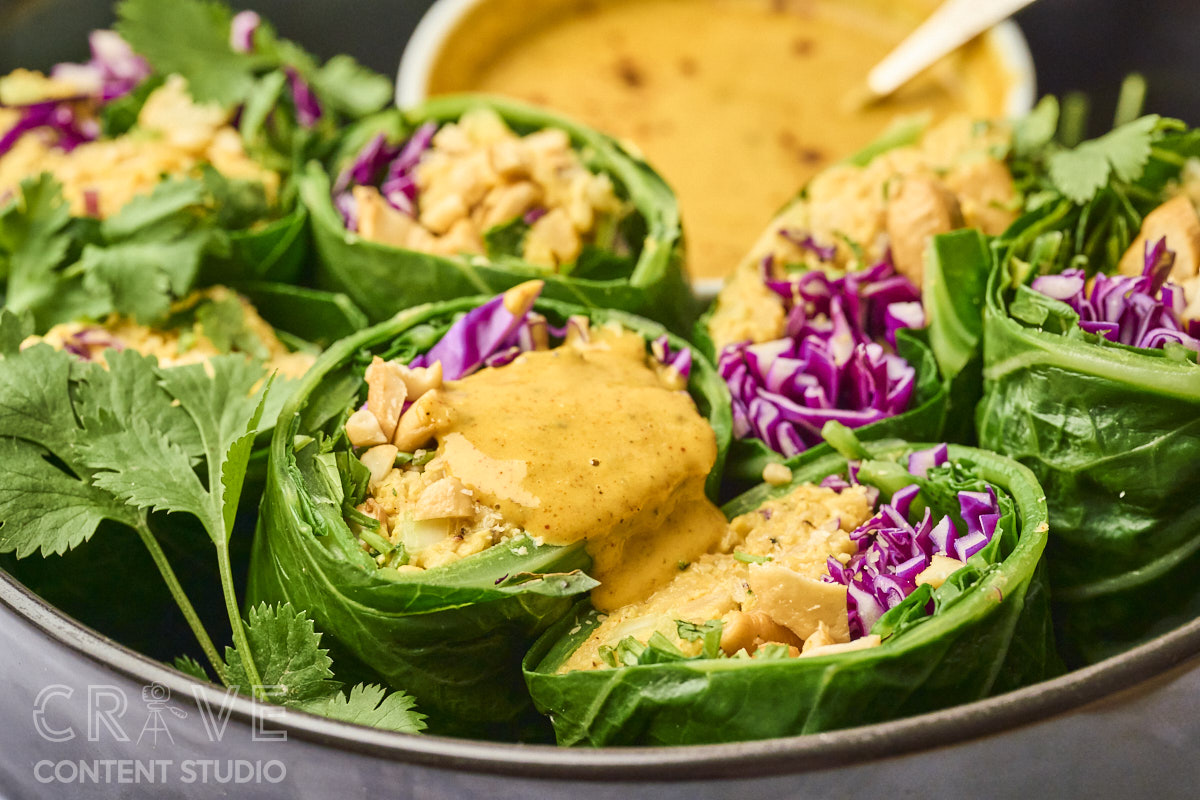 Curry-Cashew Smashed Chickpea Collard Wraps