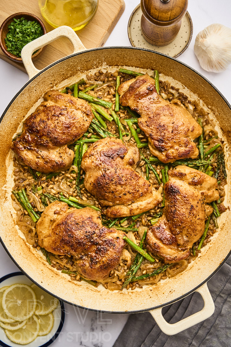 One-Pan Lemony Chicken with Farro and Asparagus