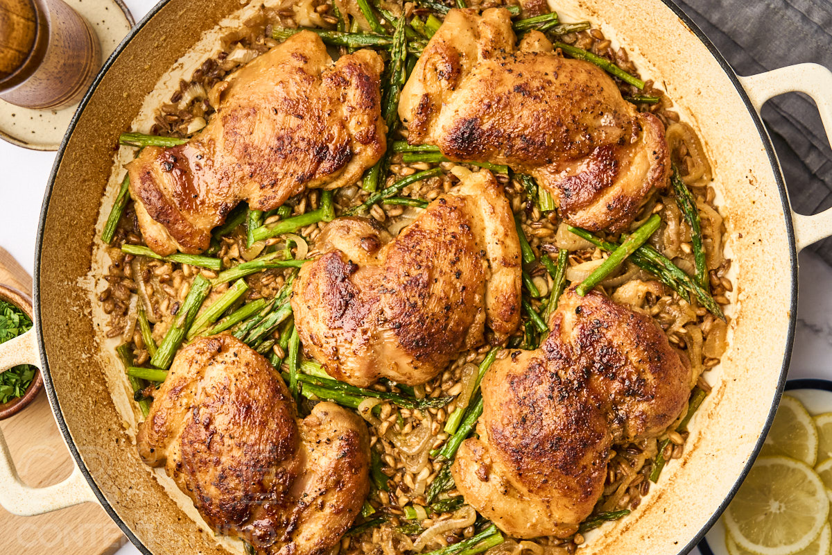 One-Pan Lemony Chicken with Farro and Asparagus