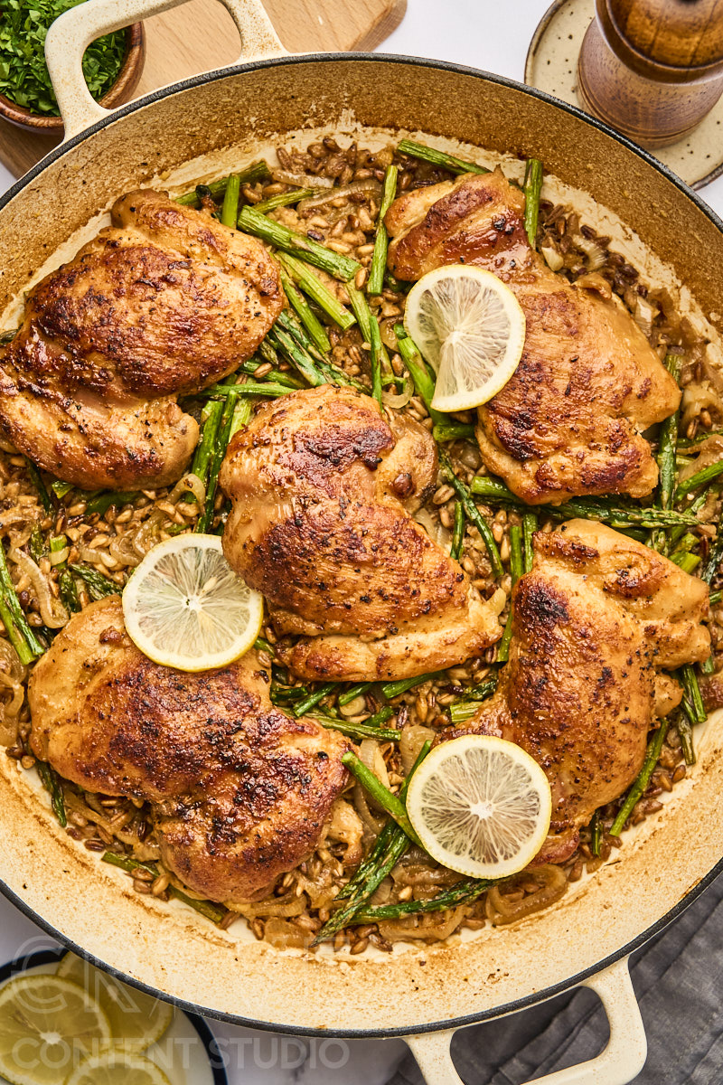 One-Pan Lemony Chicken with Farro and Asparagus