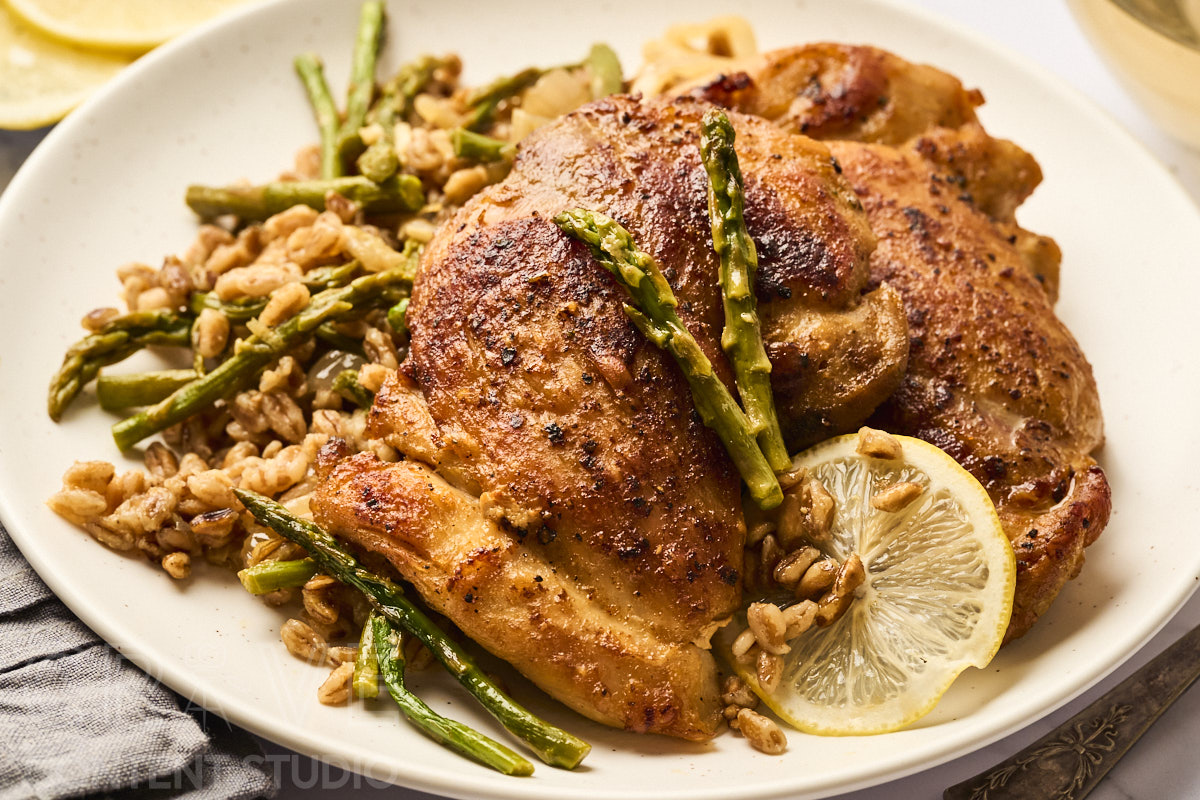 One-Pan Lemony Chicken with Farro and Asparagus