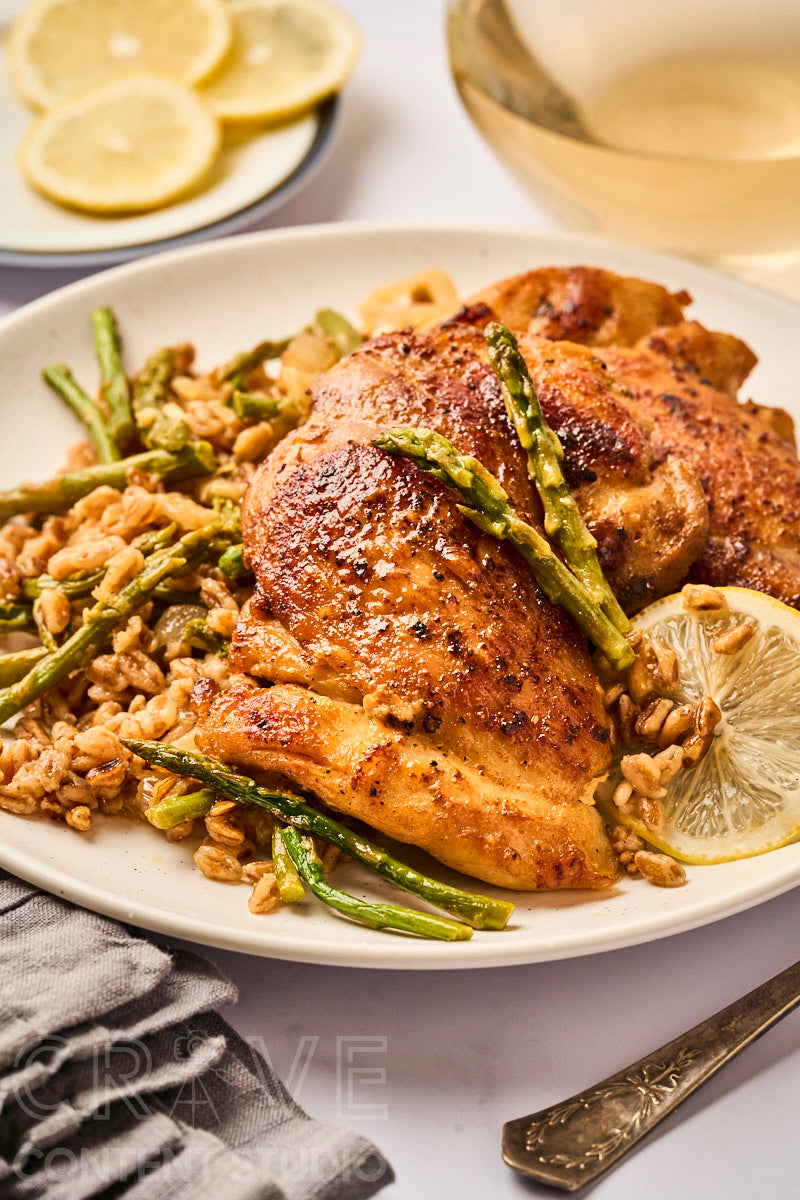 One-Pan Lemony Chicken with Farro and Asparagus