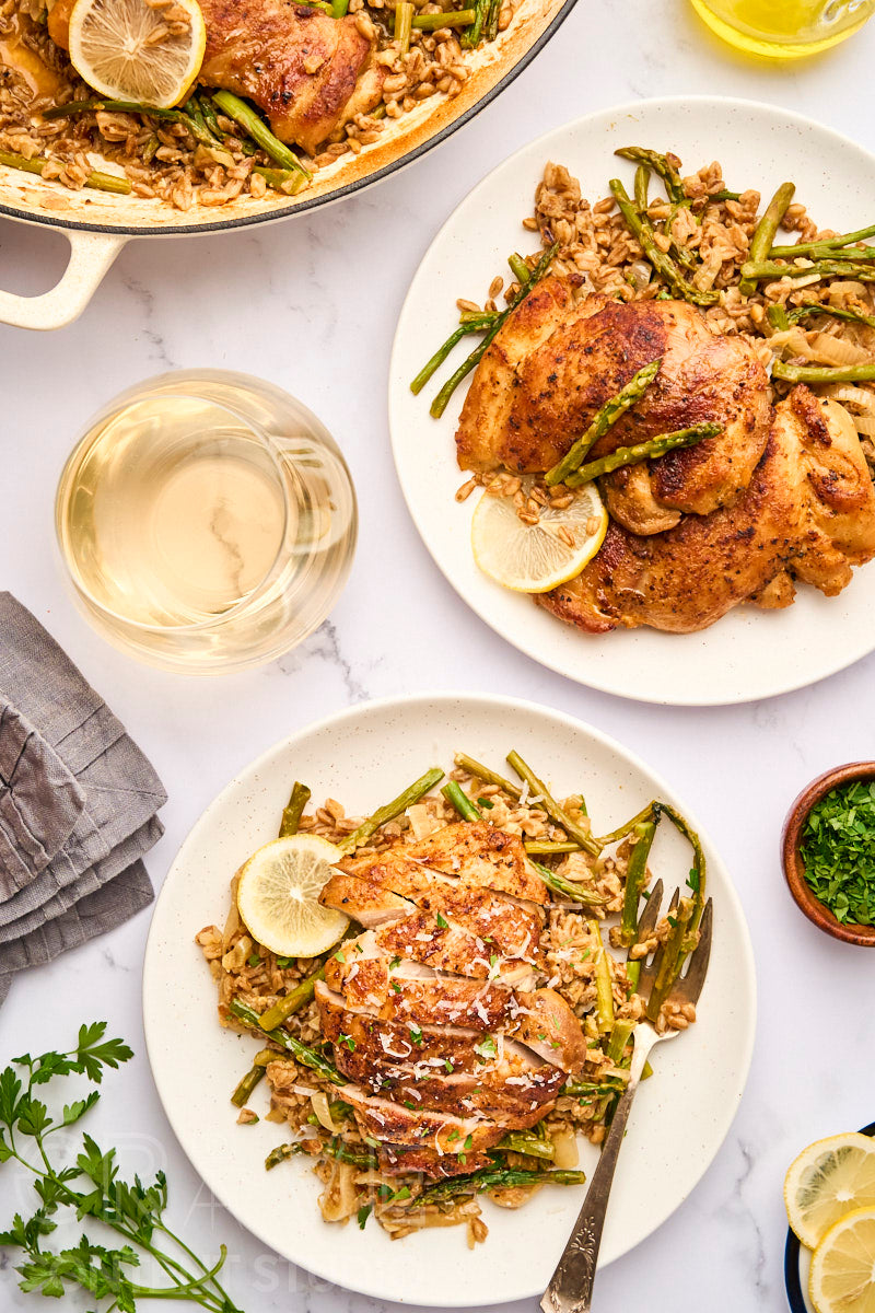 One-Pan Lemony Chicken with Farro and Asparagus