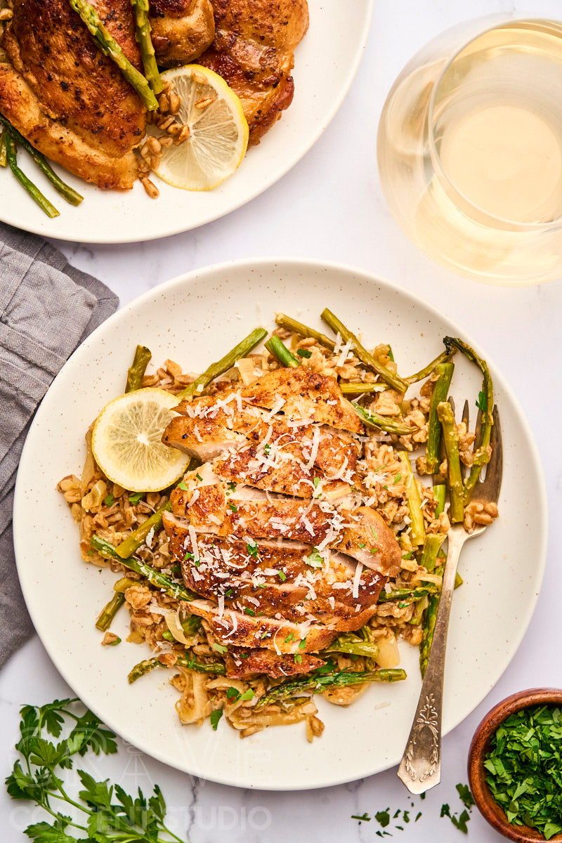 One-Pan Lemony Chicken with Farro and Asparagus