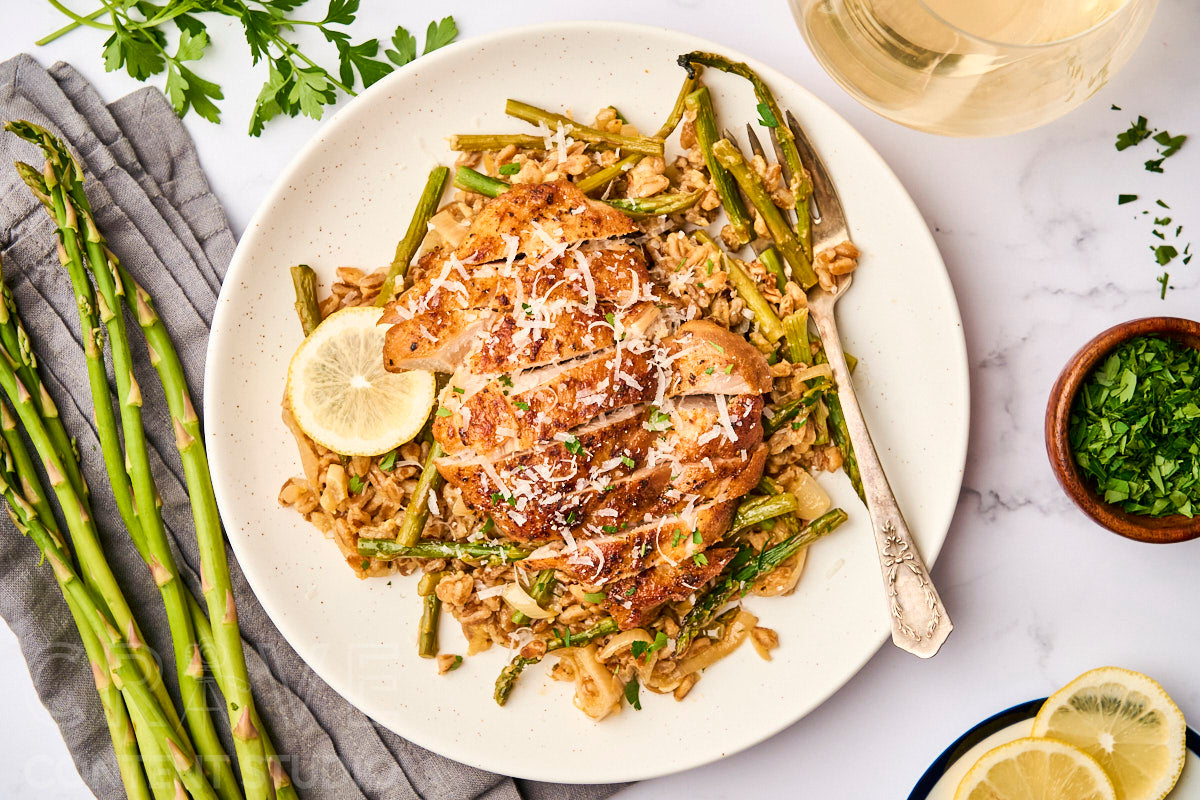 One-Pan Lemony Chicken with Farro and Asparagus