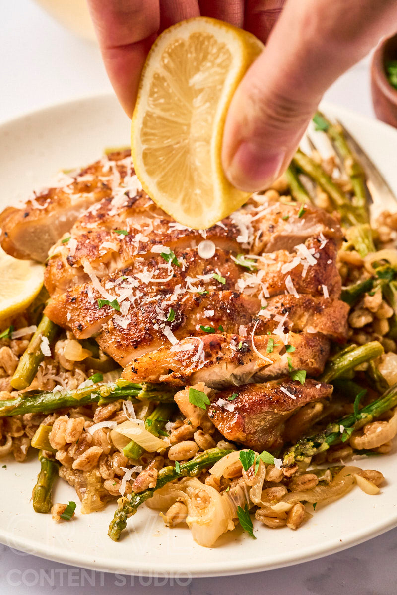 One-Pan Lemony Chicken with Farro and Asparagus