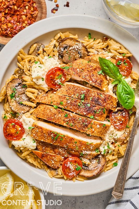Chicken & Orzo with Mushrooms, Tomatoes, and Ricotta