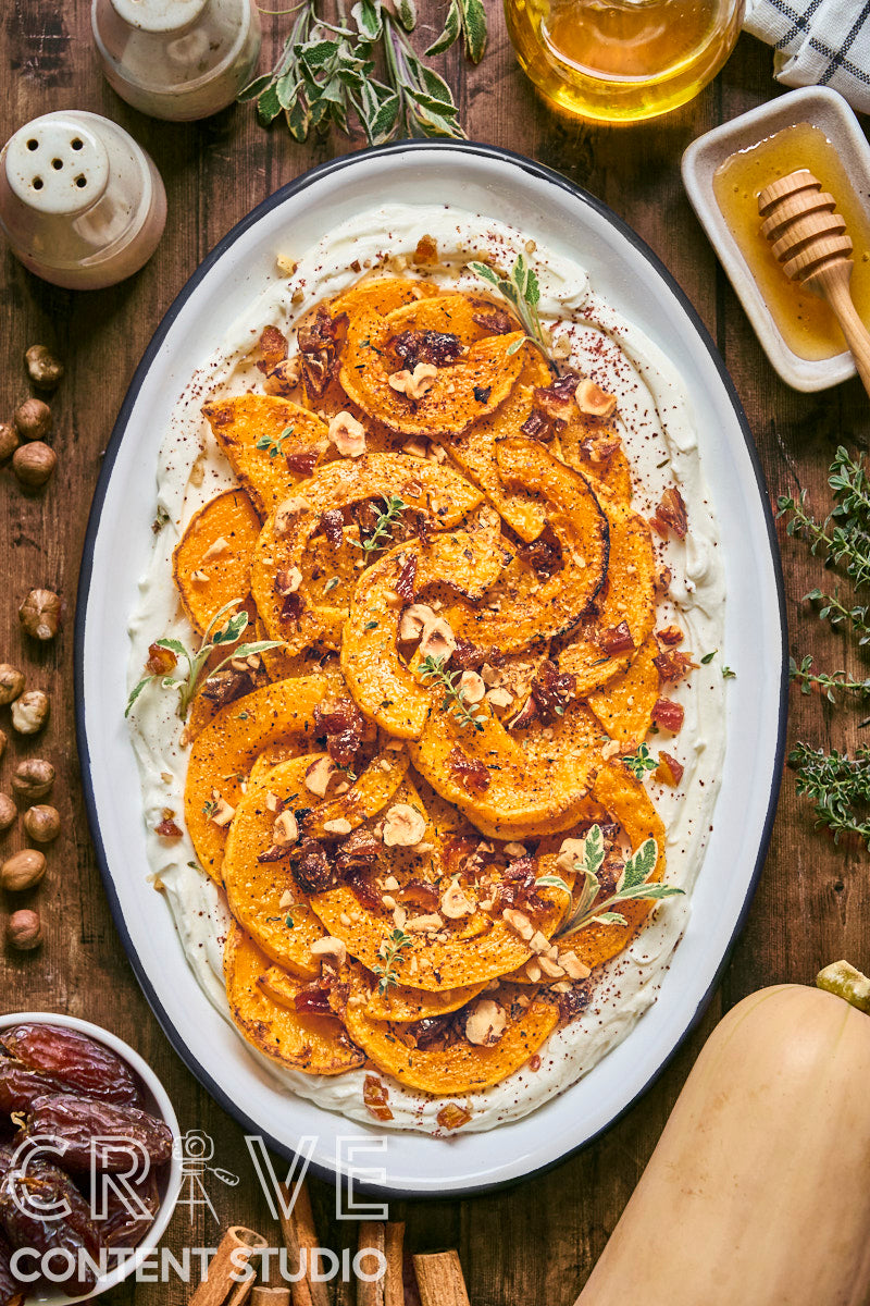 Roast Butternut with Honeyed Labneh, Hazelnuts, and Dates