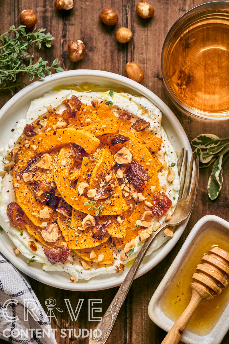 Roast Butternut with Honeyed Labneh, Hazelnuts, and Dates
