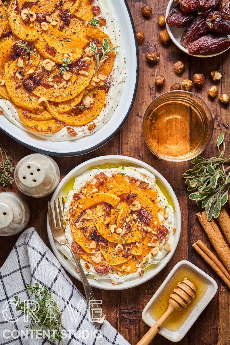 Roast Butternut with Honeyed Labneh, Hazelnuts, and Dates