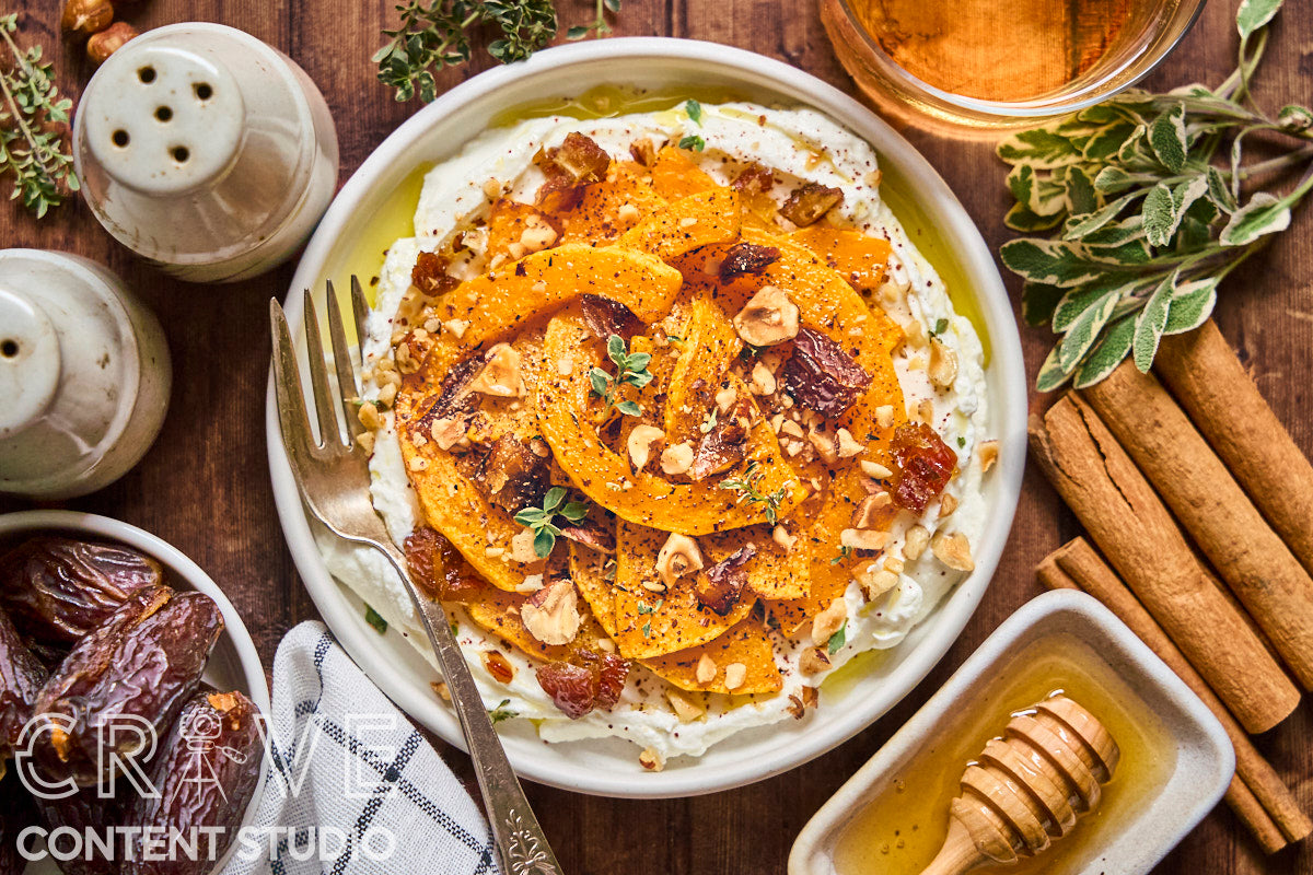 Roast Butternut with Honeyed Labneh, Hazelnuts, and Dates