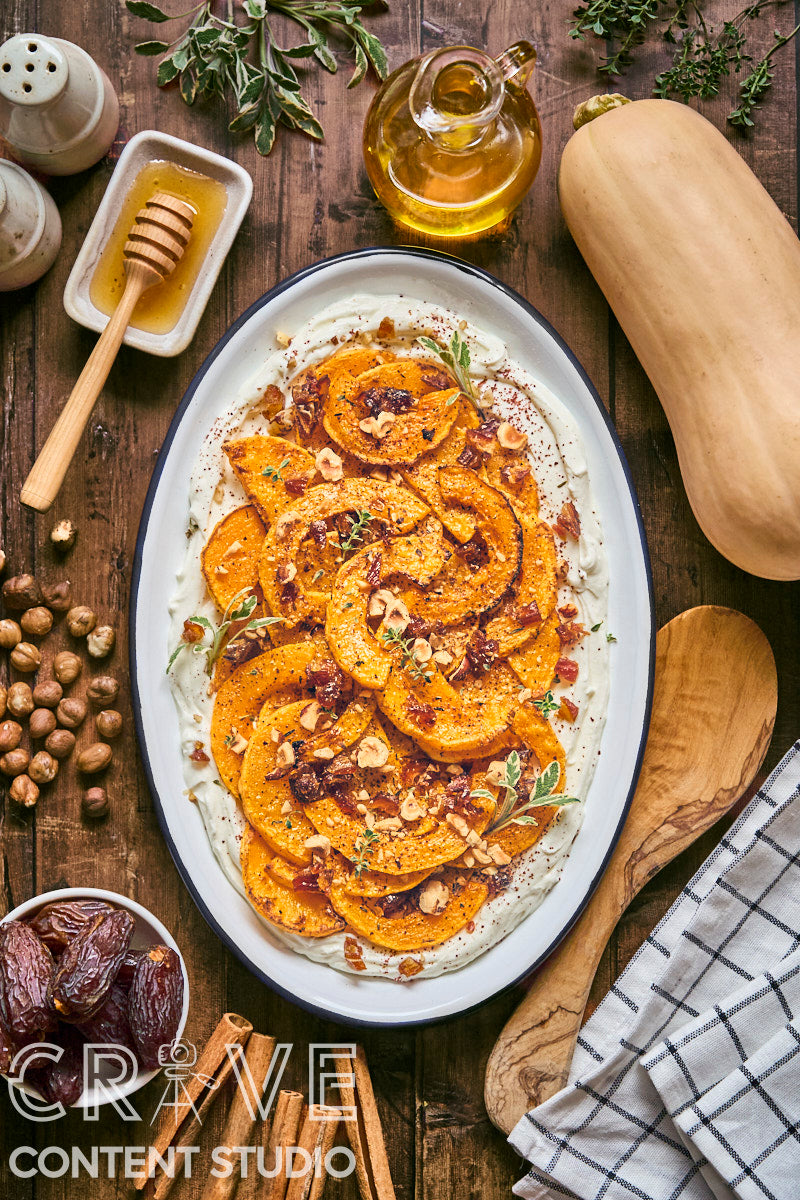 Roast Butternut with Honeyed Labneh, Hazelnuts, and Dates