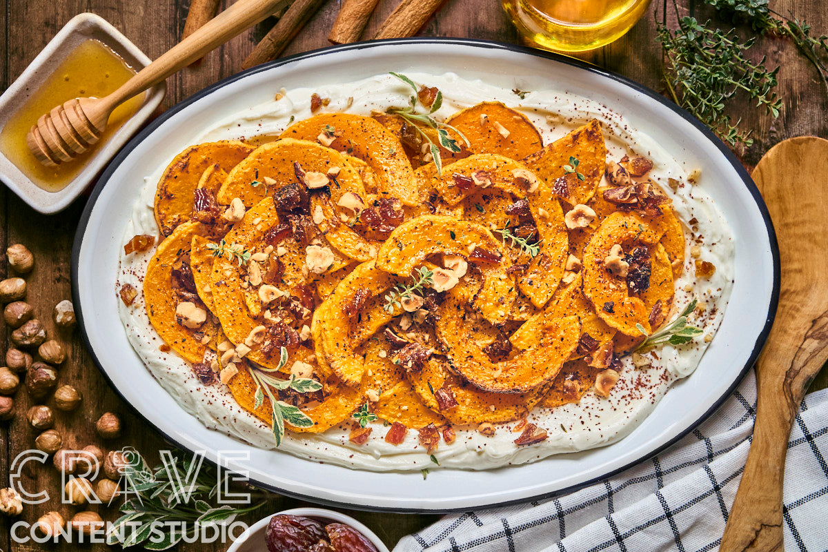 Roast Butternut with Honeyed Labneh, Hazelnuts, and Dates