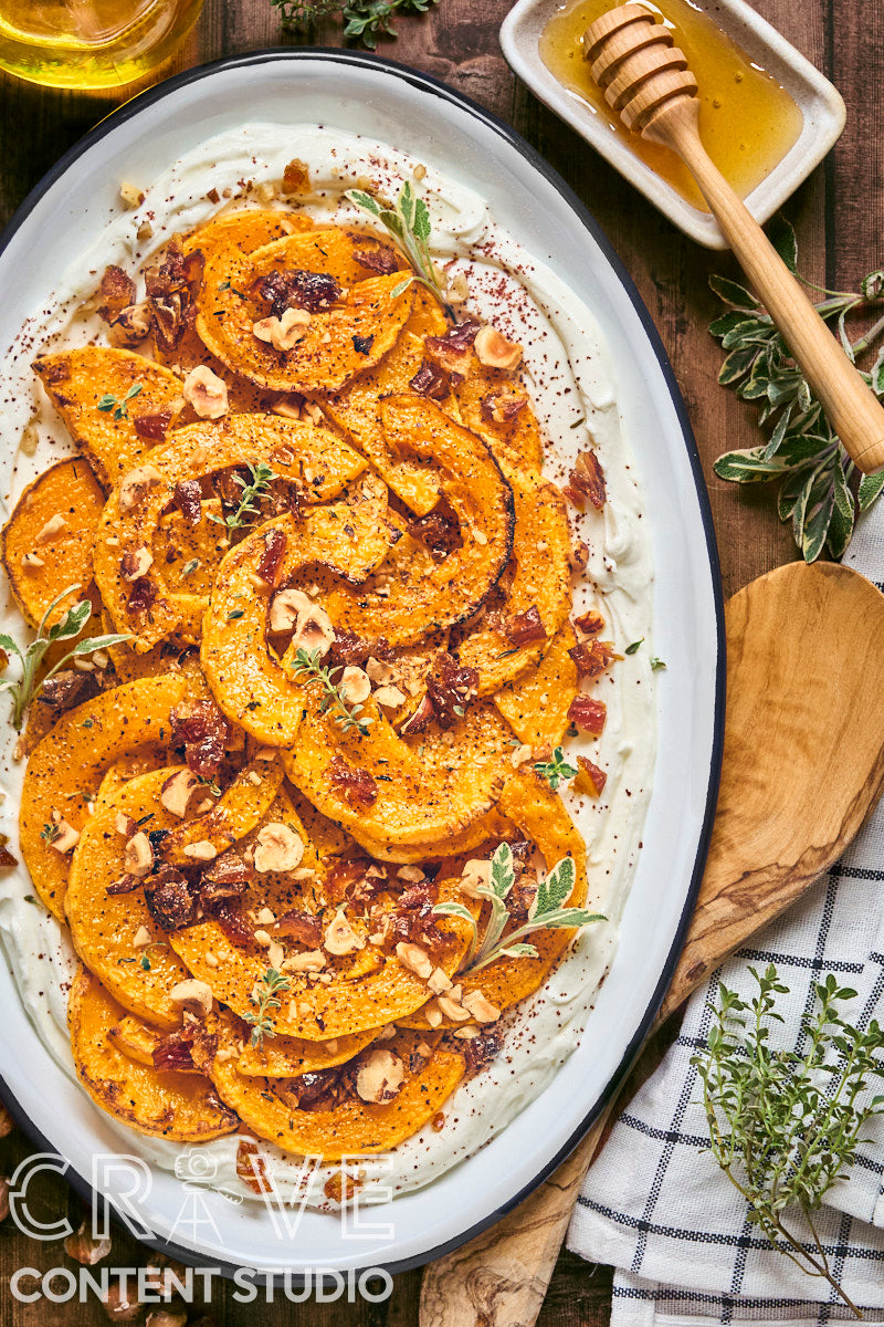 Roast Butternut with Honeyed Labneh, Hazelnuts, and Dates