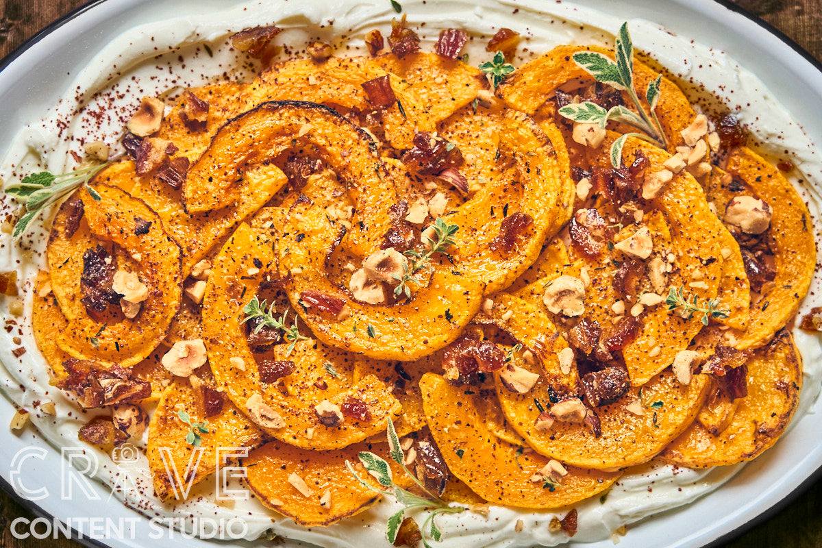 Roast Butternut with Honeyed Labneh, Hazelnuts, and Dates