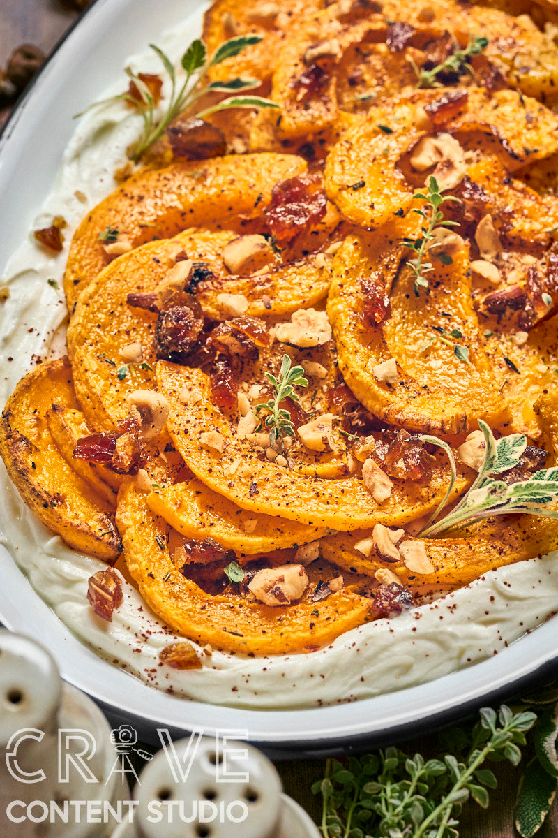 Roast Butternut with Honeyed Labneh, Hazelnuts, and Dates