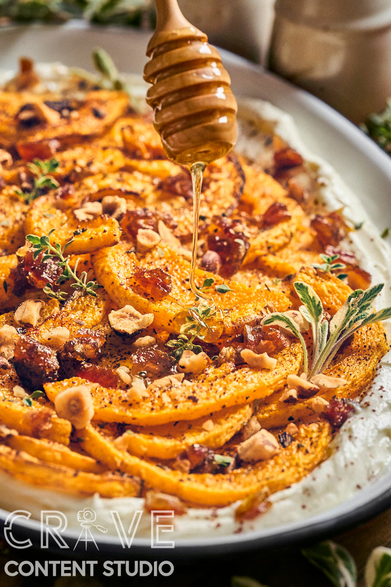 Roast Butternut with Honeyed Labneh, Hazelnuts, and Dates