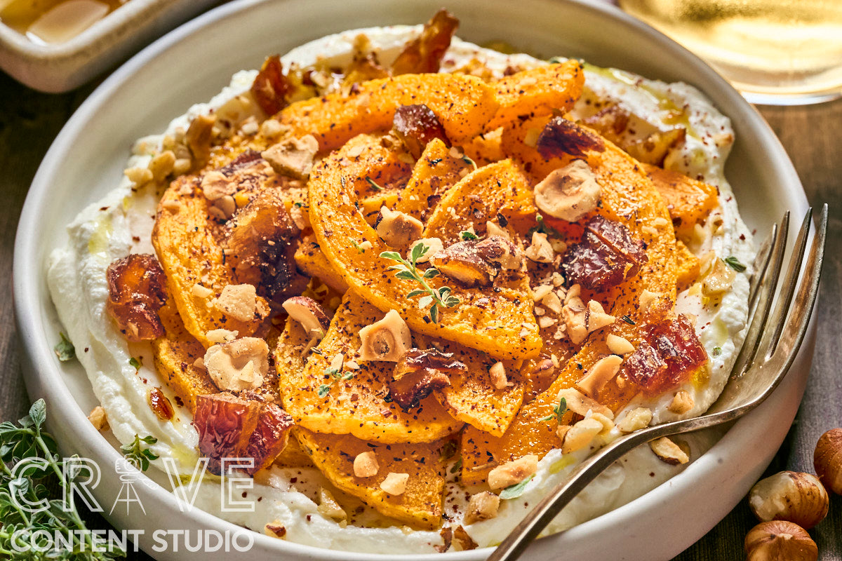 Roast Butternut with Honeyed Labneh, Hazelnuts, and Dates