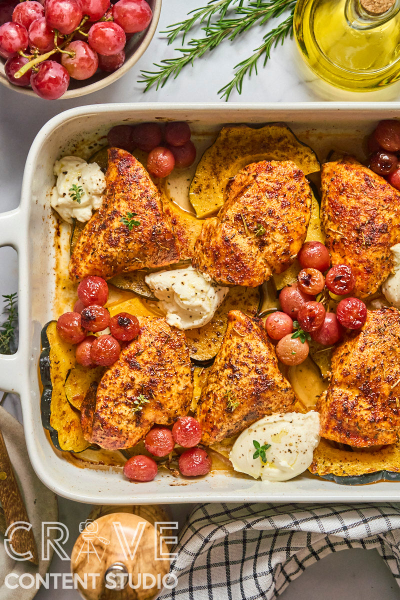 Roast Chicken with Grapes, Squash, and Ricotta