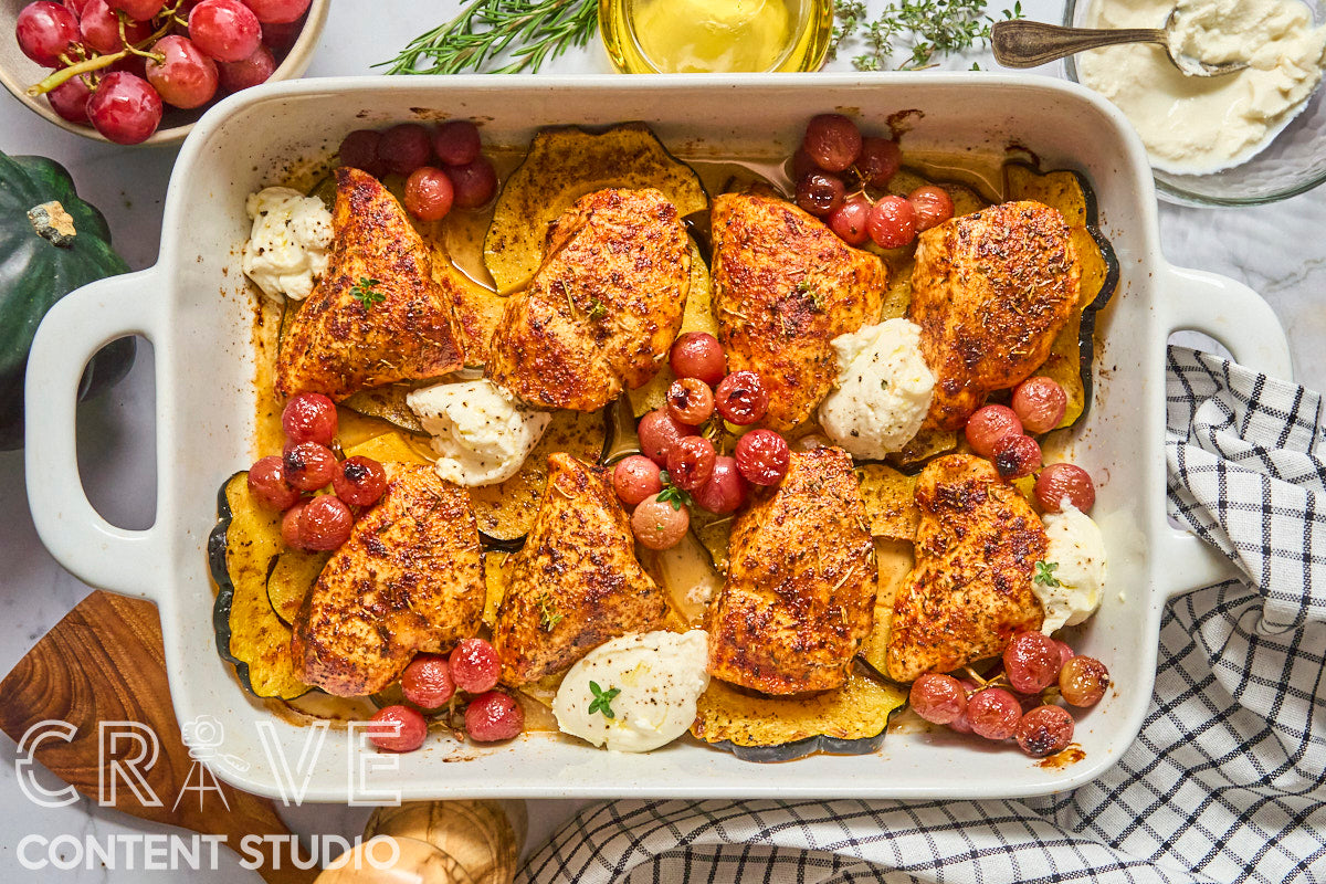 Roast Chicken with Grapes, Squash, and Ricotta