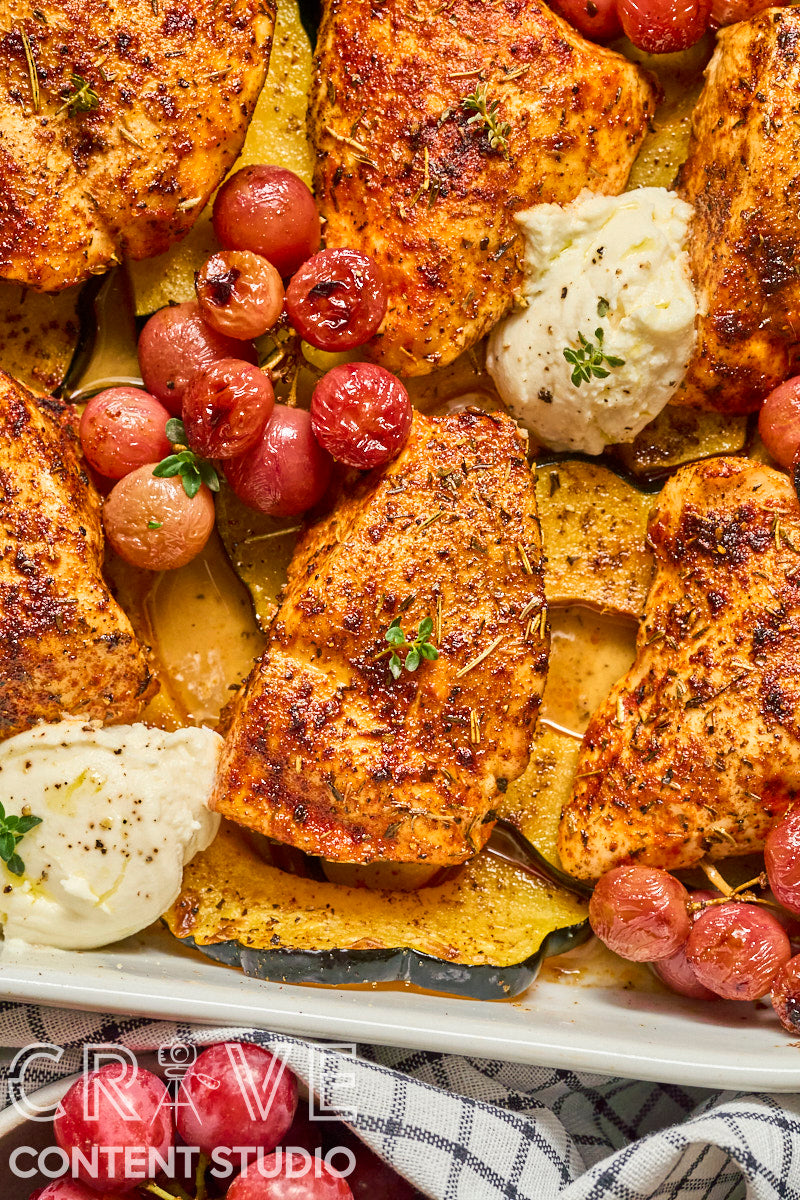 Roast Chicken with Grapes, Squash, and Ricotta