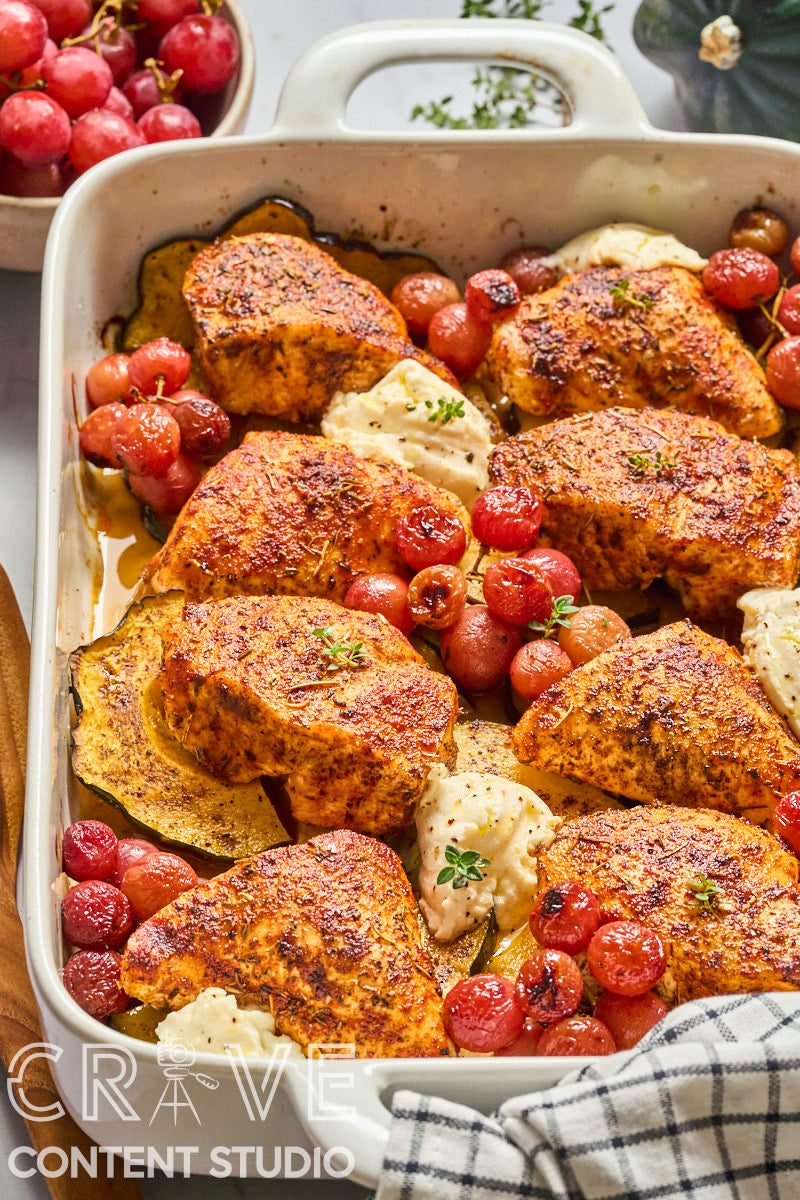 Roast Chicken with Grapes, Squash, and Ricotta
