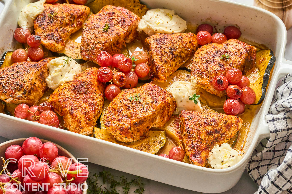 Roast Chicken with Grapes, Squash, and Ricotta