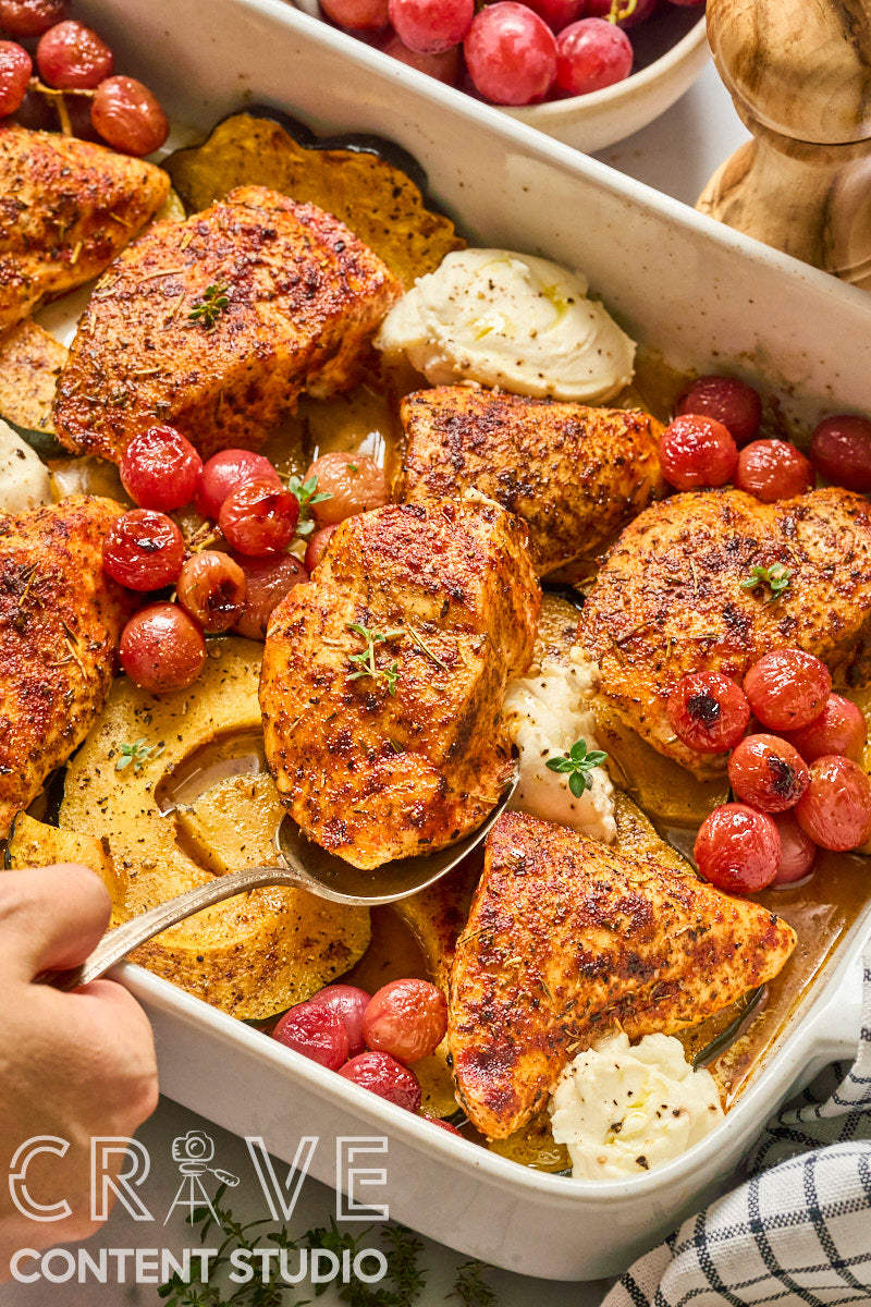 Roast Chicken with Grapes, Squash, and Ricotta