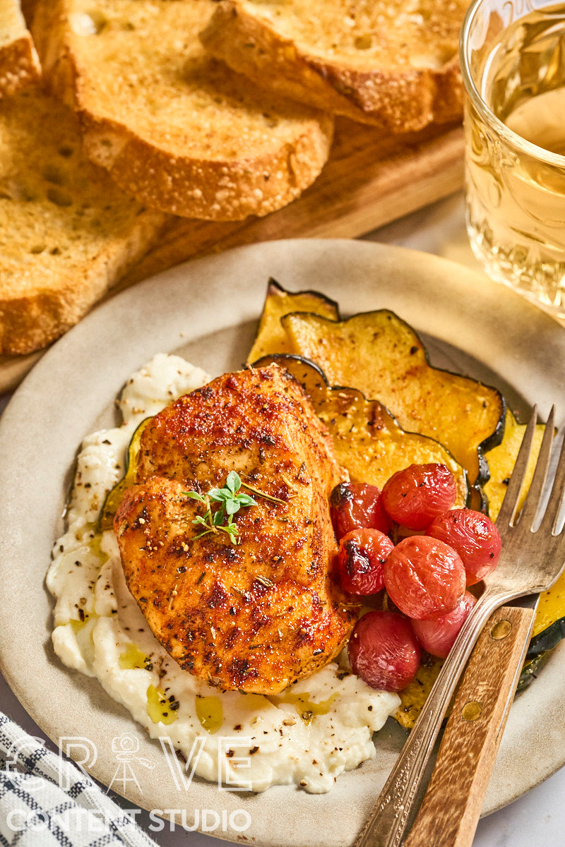 Roast Chicken with Grapes, Squash, and Ricotta