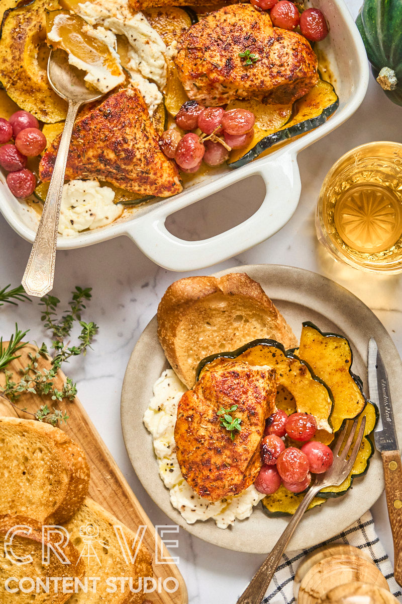 Roast Chicken with Grapes, Squash, and Ricotta
