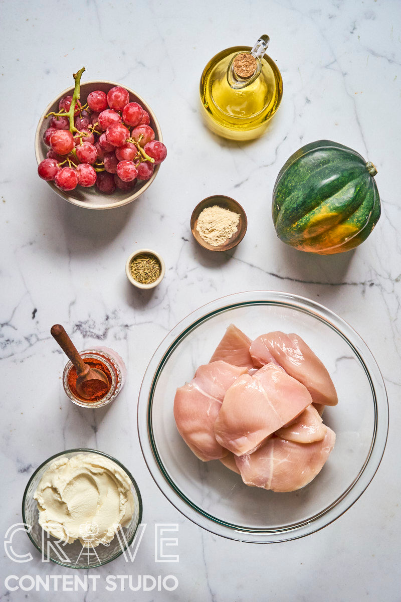 Roast Chicken with Grapes, Squash, and Ricotta