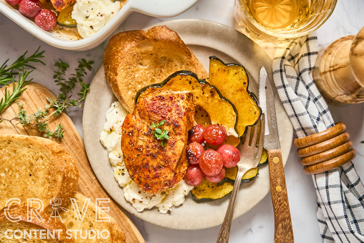 Roast Chicken with Grapes, Squash, and Ricotta