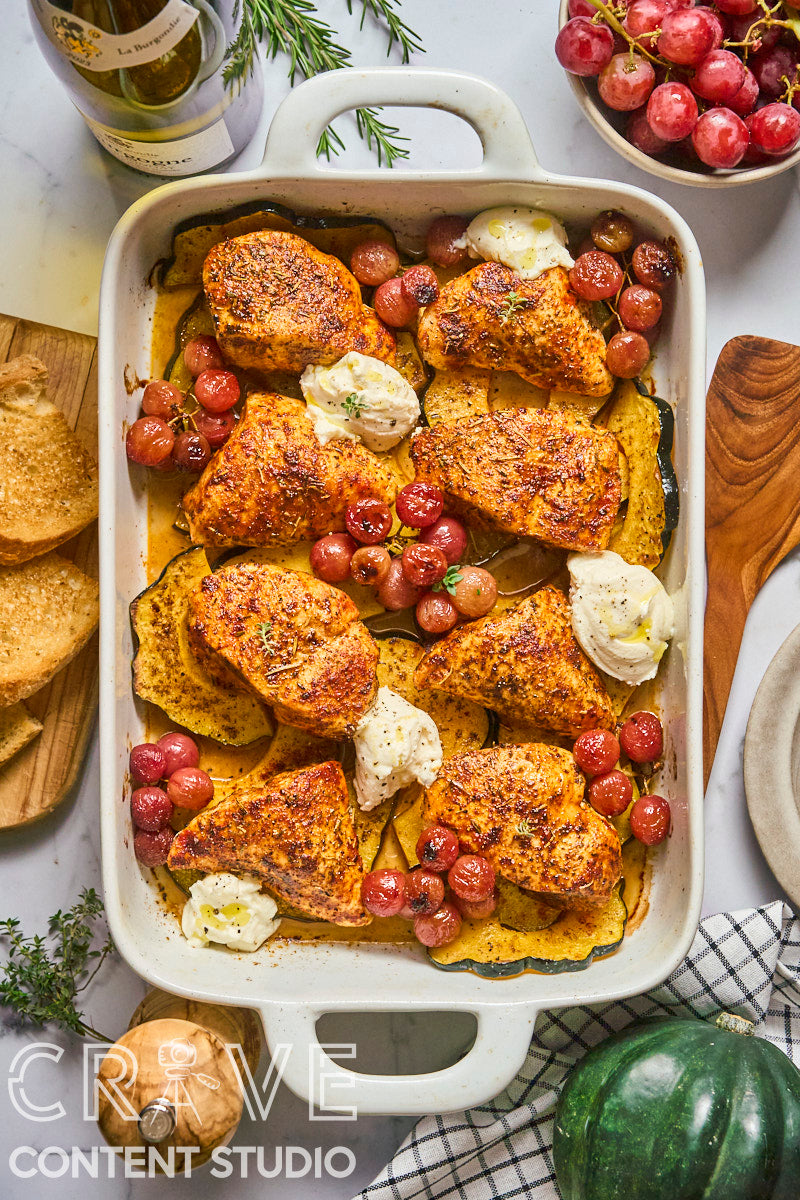 Roast Chicken with Grapes, Squash, and Ricotta