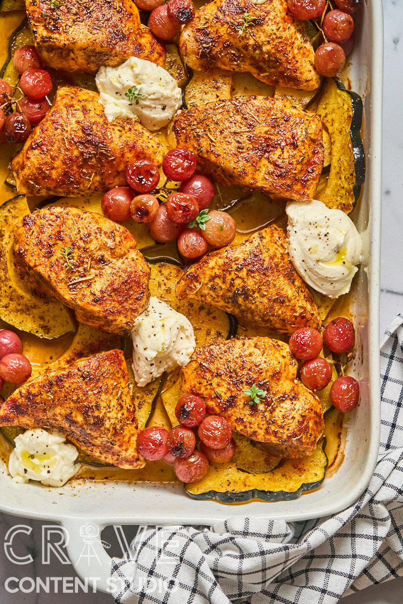 Roast Chicken with Grapes, Squash, and Ricotta