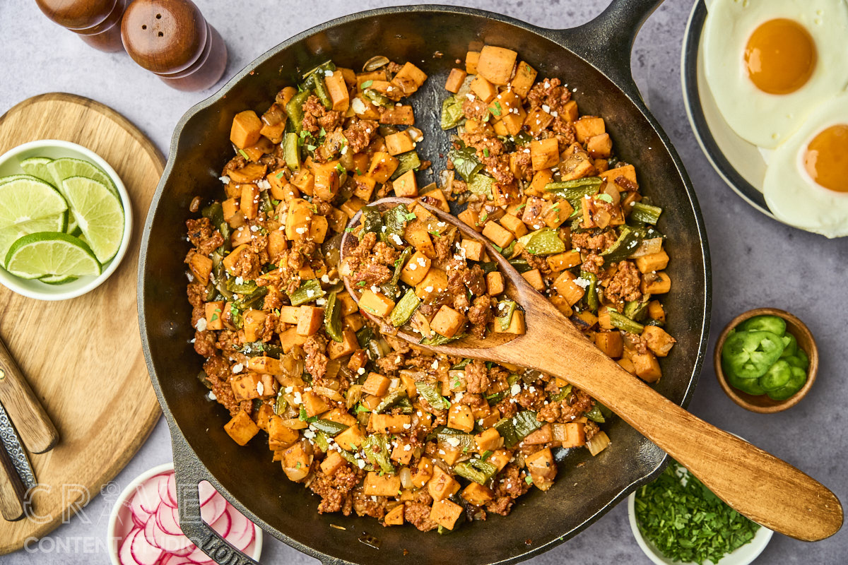 Sweet Potato Breakfast Hash with Chorizo and Poblanos